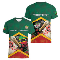 Personalized Saint Kitts and Nevis Women V-Neck T-Shirt Pelican With Poinciana Flowers - Wonder Print Shop