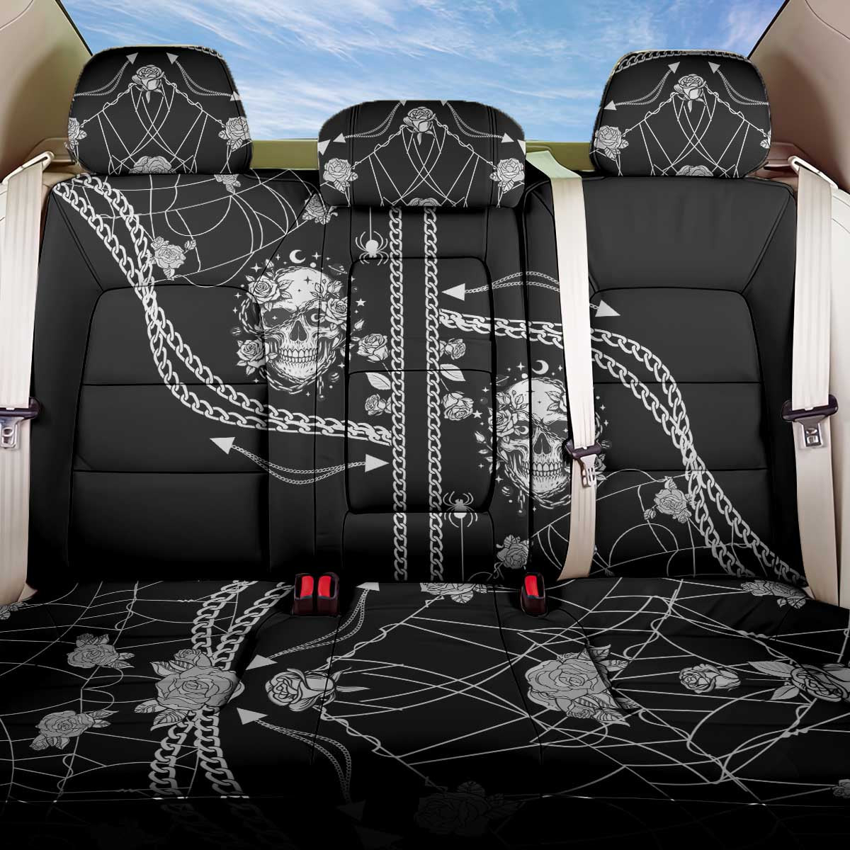 Western Gothic Yoke Back Car Seat Cover Skull Rose With Spider - Wonder Print Shop