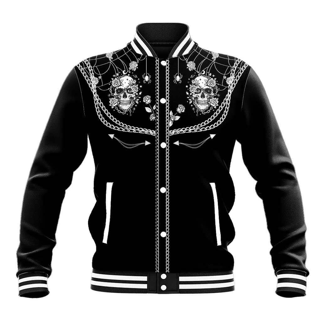 Western Gothic Yoke Baseball Jacket Skull Rose With Spider - Wonder Print Shop