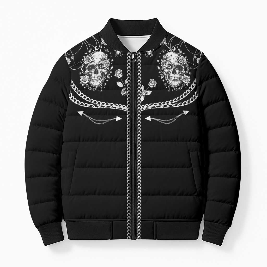 Western Gothic Yoke Bomber Puffer Jacket Skull Rose With Spider - Wonder Print Shop