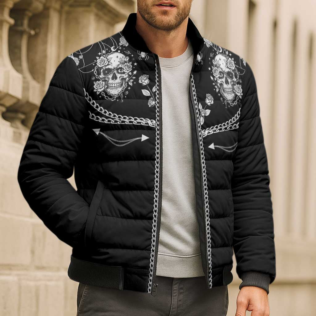 Western Gothic Yoke Bomber Puffer Jacket Skull Rose With Spider - Wonder Print Shop