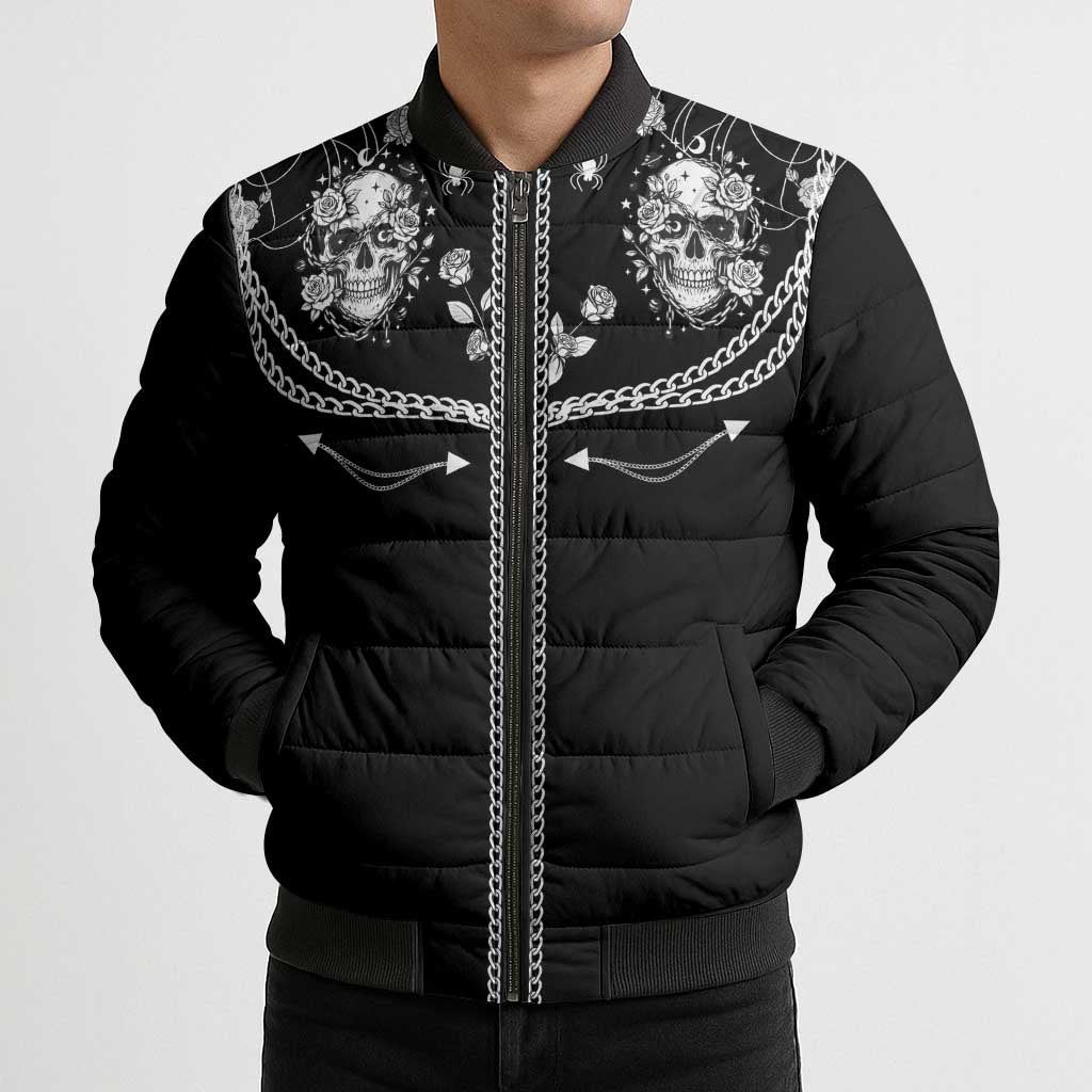 Western Gothic Yoke Bomber Puffer Jacket Skull Rose With Spider - Wonder Print Shop