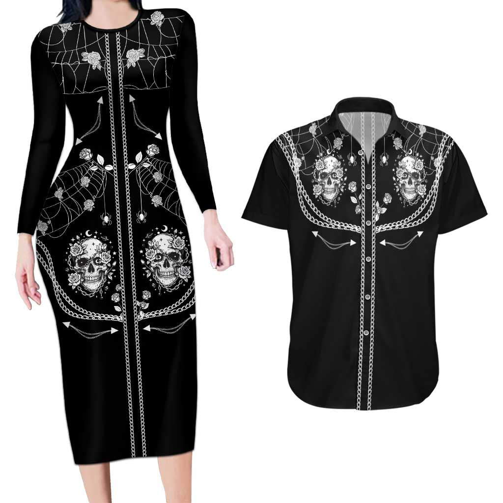 Western Gothic Yoke Couples Matching Long Sleeve Bodycon Dress and Hawaiian Shirt Skull Rose With Spider - Wonder Print Shop