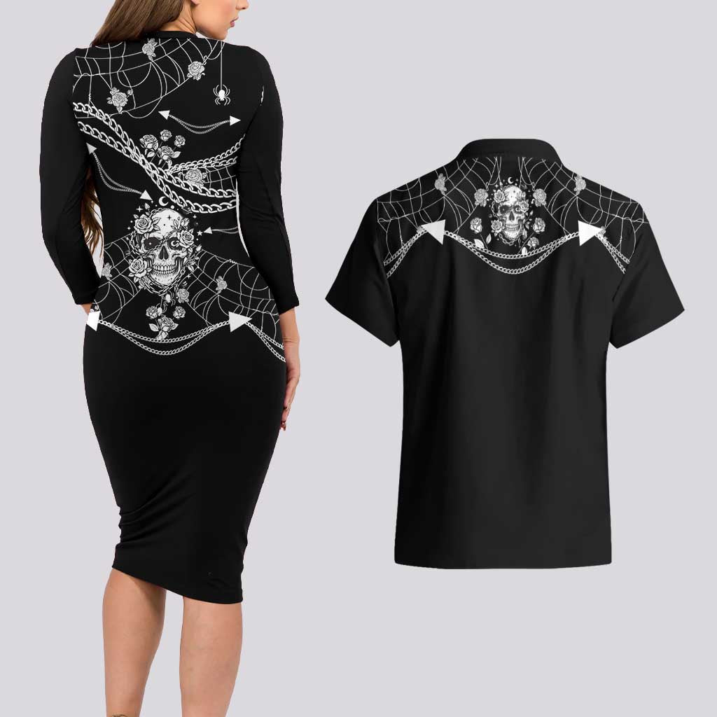 Western Gothic Yoke Couples Matching Long Sleeve Bodycon Dress and Hawaiian Shirt Skull Rose With Spider - Wonder Print Shop