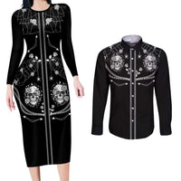 Western Gothic Yoke Couples Matching Long Sleeve Bodycon Dress and Long Sleeve Button Shirt Skull Rose With Spider - Wonder Print Shop