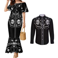 Western Gothic Yoke Couples Matching Mermaid Dress and Long Sleeve Button Shirt Skull Rose With Spider - Wonder Print Shop