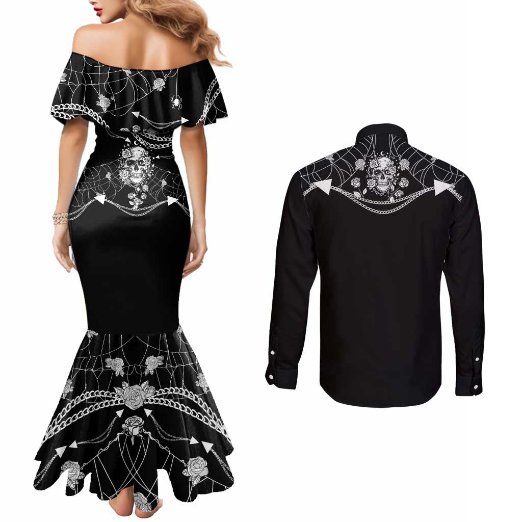 Western Gothic Yoke Couples Matching Mermaid Dress and Long Sleeve Button Shirt Skull Rose With Spider - Wonder Print Shop