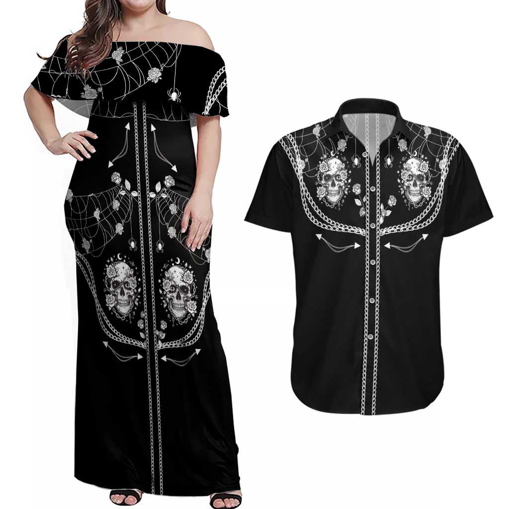 Western Gothic Yoke Couples Matching Off Shoulder Maxi Dress and Hawaiian Shirt Skull Rose With Spider - Wonder Print Shop
