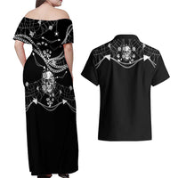 Western Gothic Yoke Couples Matching Off Shoulder Maxi Dress and Hawaiian Shirt Skull Rose With Spider - Wonder Print Shop