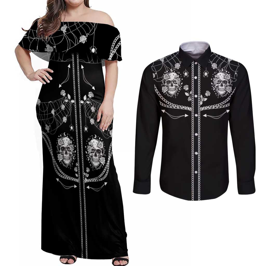 Western Gothic Yoke Couples Matching Off Shoulder Maxi Dress and Long Sleeve Button Shirt Skull Rose With Spider - Wonder Print Shop