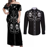 Western Gothic Yoke Couples Matching Off Shoulder Maxi Dress and Long Sleeve Button Shirt Skull Rose With Spider - Wonder Print Shop