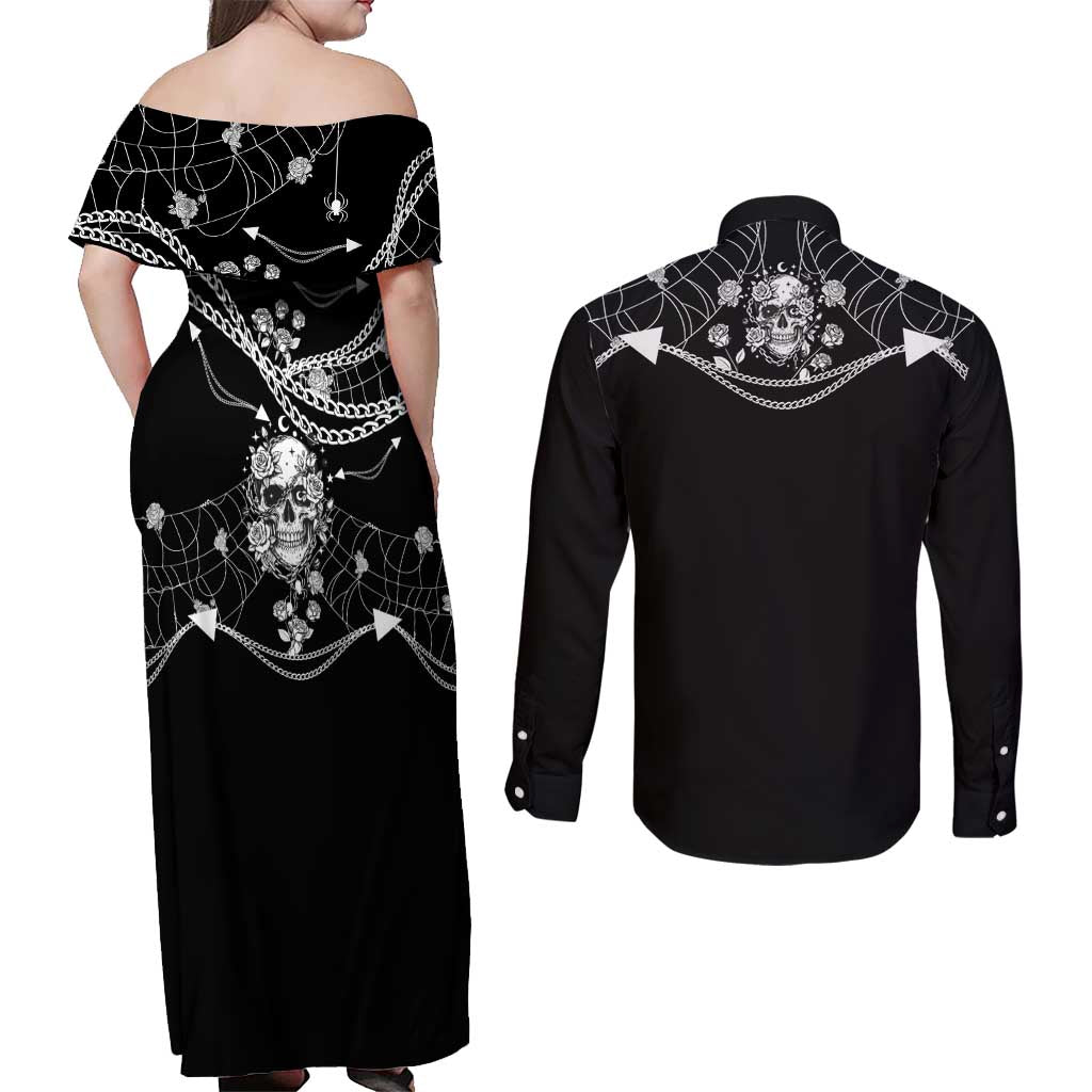 Western Gothic Yoke Couples Matching Off Shoulder Maxi Dress and Long Sleeve Button Shirt Skull Rose With Spider - Wonder Print Shop