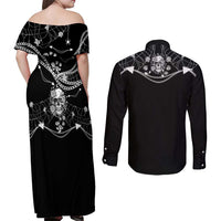 Western Gothic Yoke Couples Matching Off Shoulder Maxi Dress and Long Sleeve Button Shirt Skull Rose With Spider - Wonder Print Shop