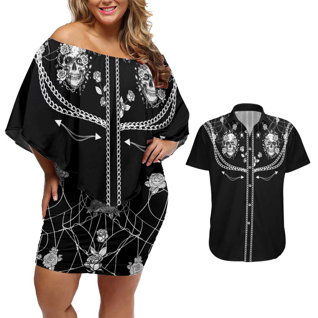 Western Gothic Yoke Couples Matching Off Shoulder Short Dress and Hawaiian Shirt Skull Rose With Spider - Wonder Print Shop