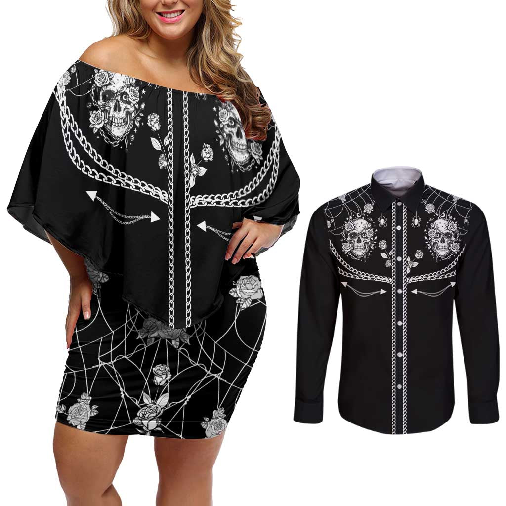 Western Gothic Yoke Couples Matching Off Shoulder Short Dress and Long Sleeve Button Shirt Skull Rose With Spider - Wonder Print Shop