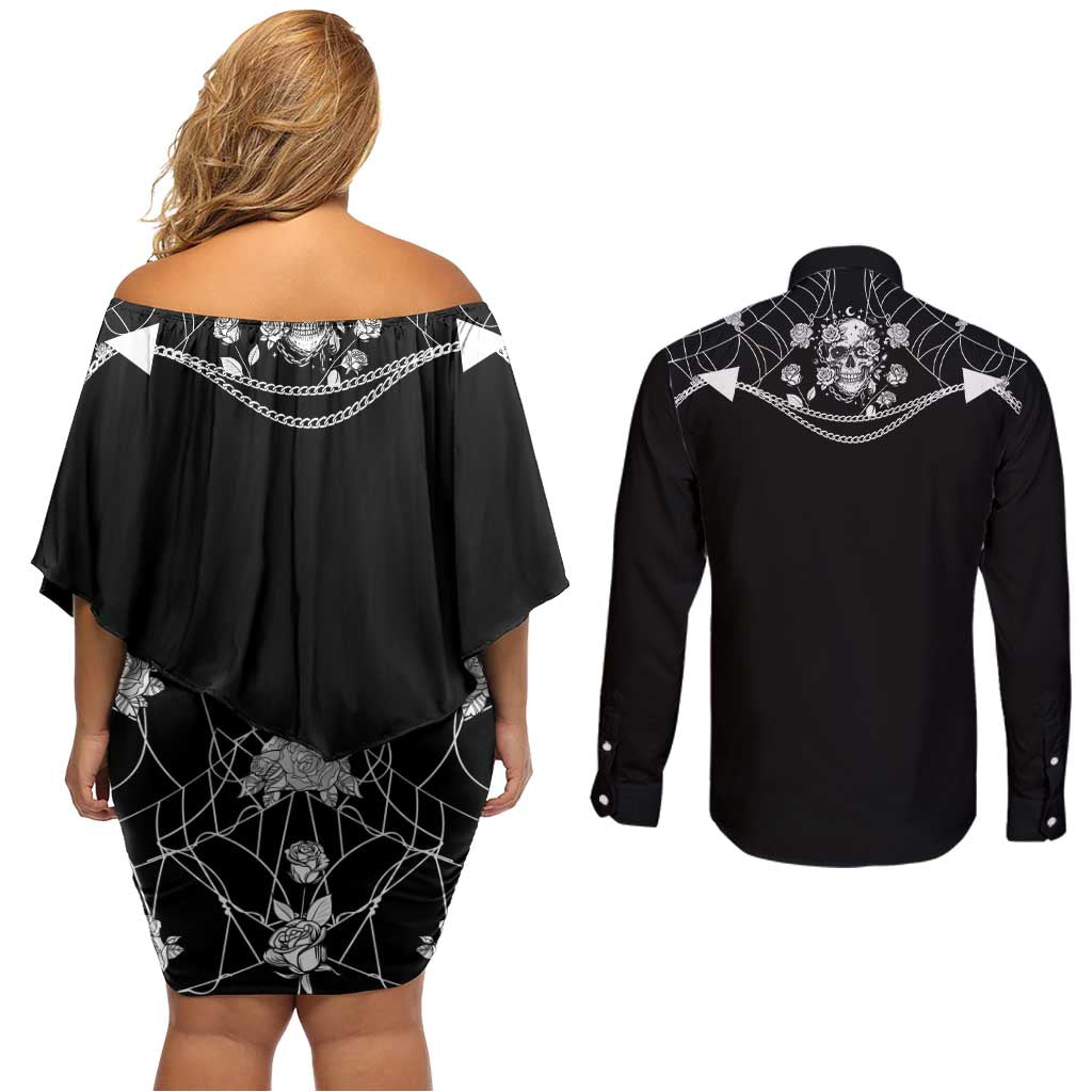 Western Gothic Yoke Couples Matching Off Shoulder Short Dress and Long Sleeve Button Shirt Skull Rose With Spider - Wonder Print Shop