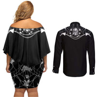 Western Gothic Yoke Couples Matching Off Shoulder Short Dress and Long Sleeve Button Shirt Skull Rose With Spider - Wonder Print Shop