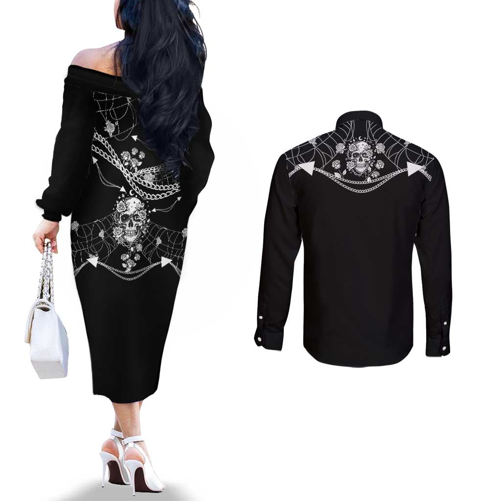 Western Gothic Yoke Couples Matching Off The Shoulder Long Sleeve Dress and Long Sleeve Button Shirt Skull Rose With Spider - Wonder Print Shop