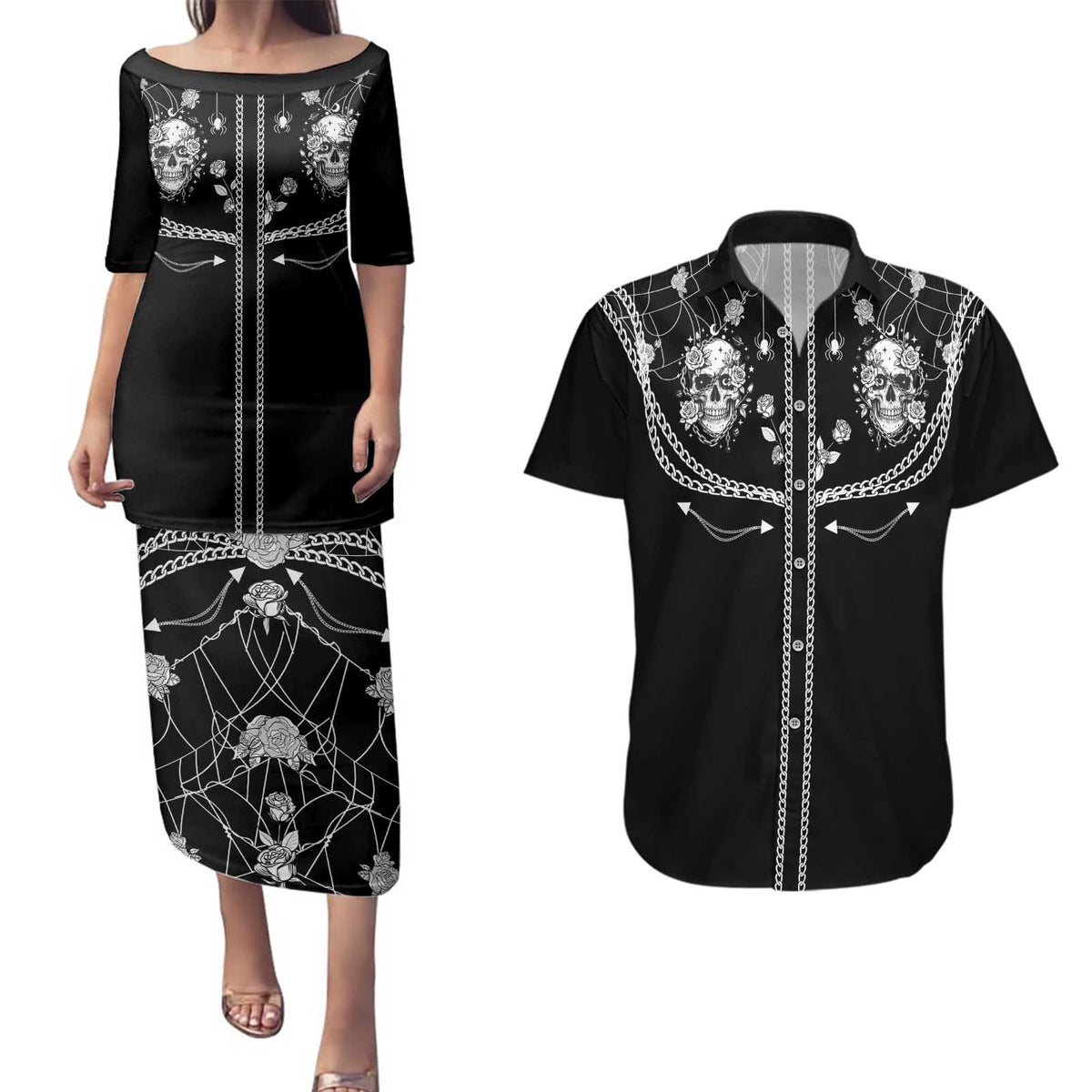 Western Gothic Yoke Couples Matching Puletasi and Hawaiian Shirt Skull Rose With Spider - Wonder Print Shop