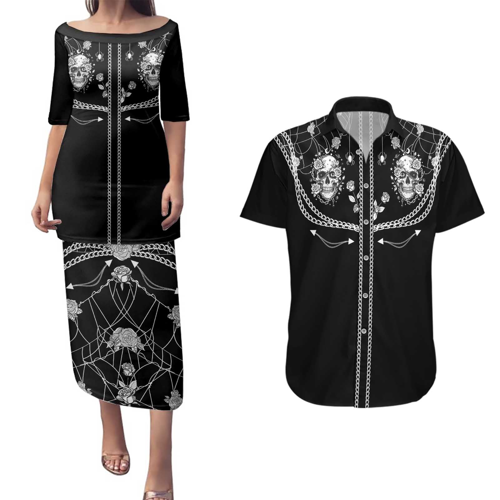 Western Gothic Yoke Couples Matching Puletasi and Hawaiian Shirt Skull Rose With Spider - Wonder Print Shop