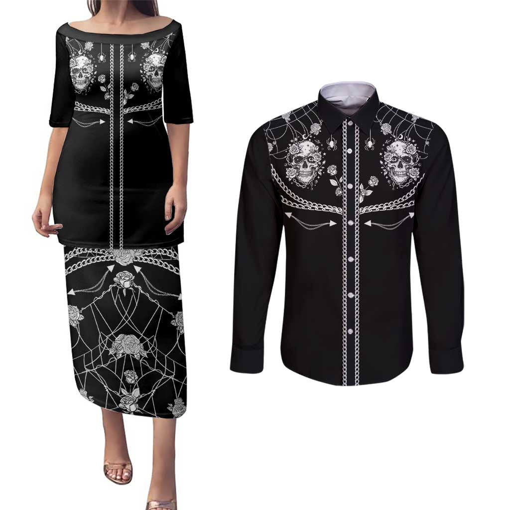 Western Gothic Yoke Couples Matching Puletasi and Long Sleeve Button Shirt Skull Rose With Spider - Wonder Print Shop