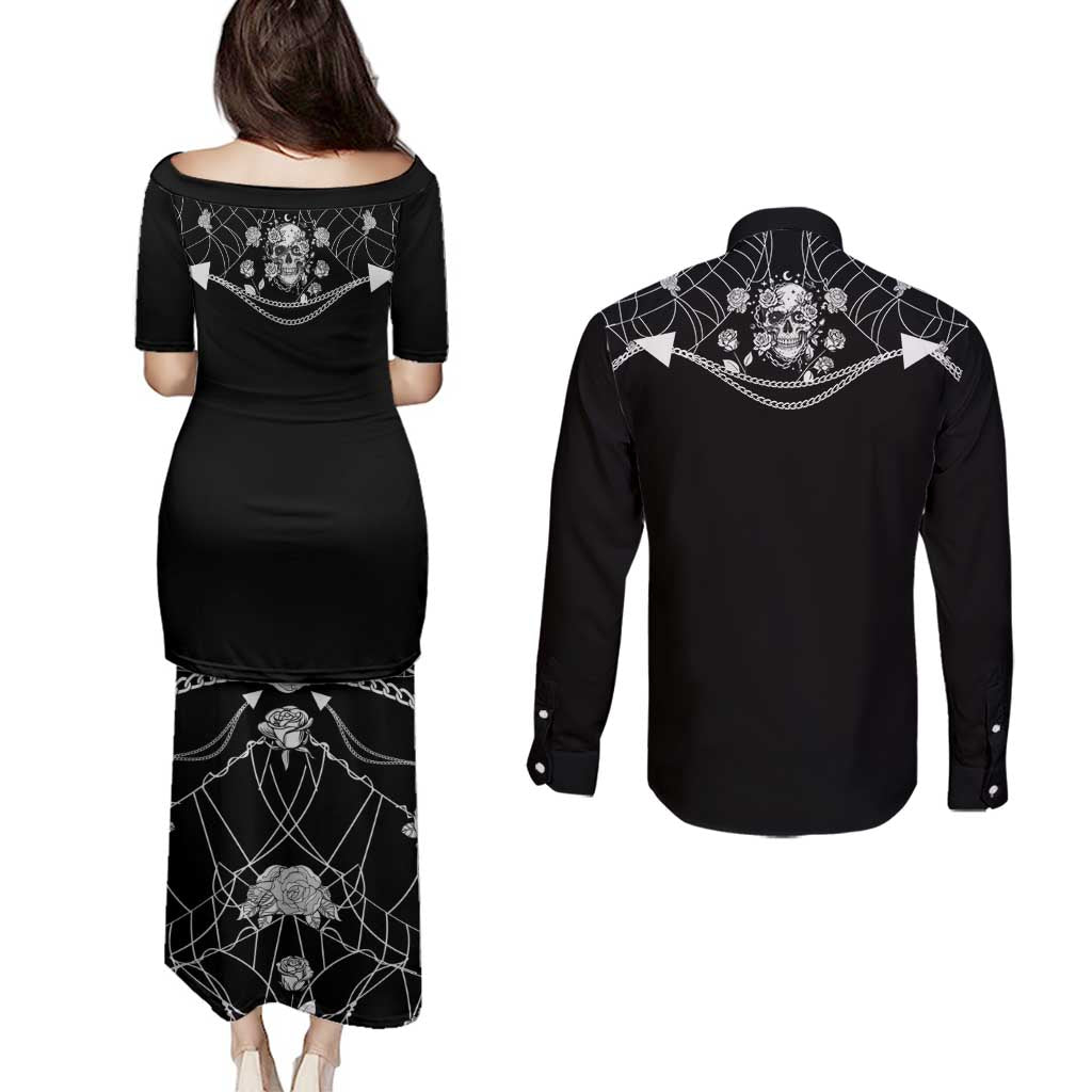 Western Gothic Yoke Couples Matching Puletasi and Long Sleeve Button Shirt Skull Rose With Spider - Wonder Print Shop