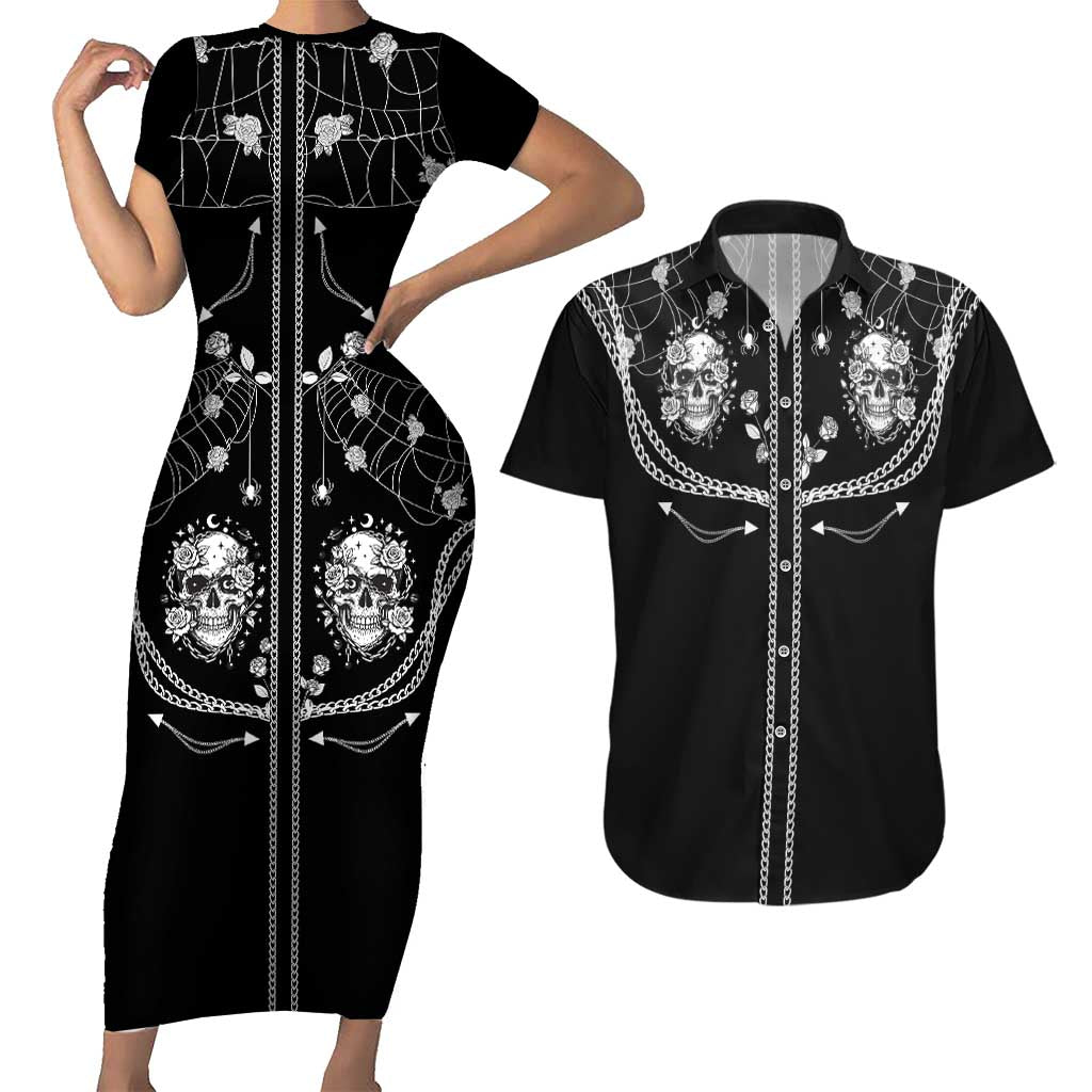 Western Gothic Yoke Couples Matching Short Sleeve Bodycon Dress and Hawaiian Shirt Skull Rose With Spider - Wonder Print Shop