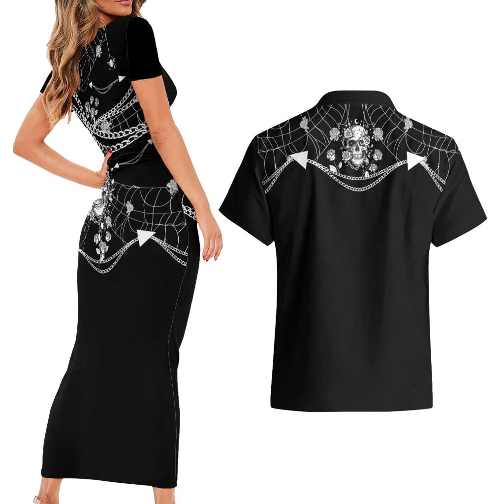 Western Gothic Yoke Couples Matching Short Sleeve Bodycon Dress and Hawaiian Shirt Skull Rose With Spider - Wonder Print Shop