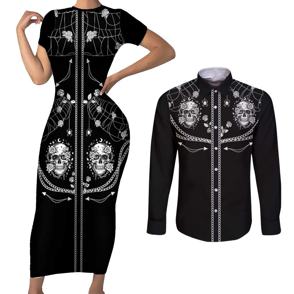 Western Gothic Yoke Couples Matching Short Sleeve Bodycon Dress and Long Sleeve Button Shirt Skull Rose With Spider - Wonder Print Shop