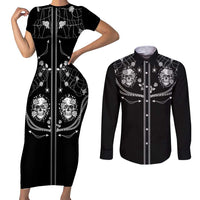 Western Gothic Yoke Couples Matching Short Sleeve Bodycon Dress and Long Sleeve Button Shirt Skull Rose With Spider - Wonder Print Shop
