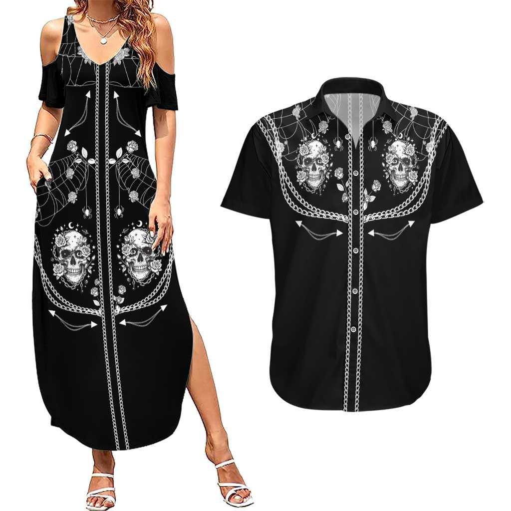 Western Gothic Yoke Couples Matching Summer Maxi Dress and Hawaiian Shirt Skull Rose With Spider - Wonder Print Shop