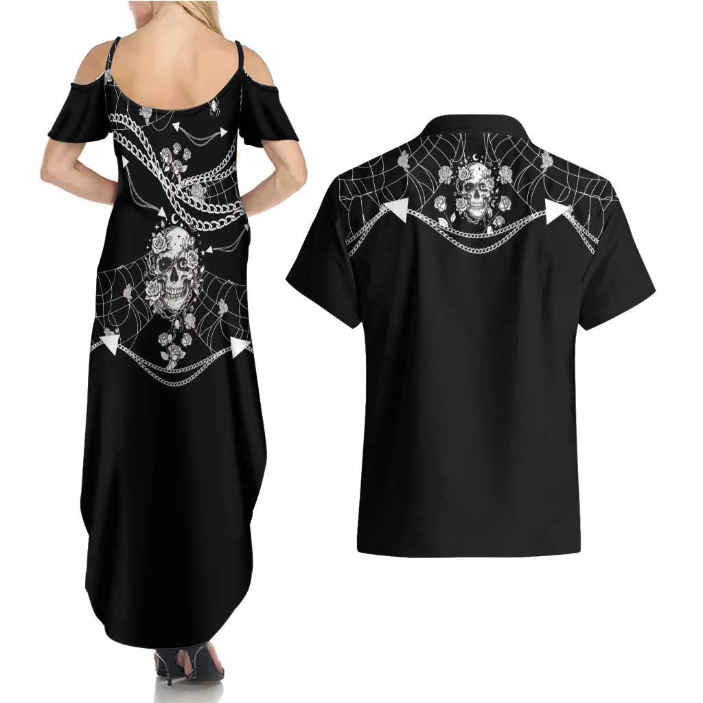Western Gothic Yoke Couples Matching Summer Maxi Dress and Hawaiian Shirt Skull Rose With Spider - Wonder Print Shop