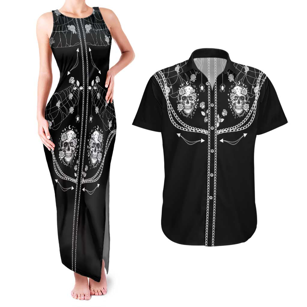 Western Gothic Yoke Couples Matching Tank Maxi Dress and Hawaiian Shirt Skull Rose With Spider - Wonder Print Shop
