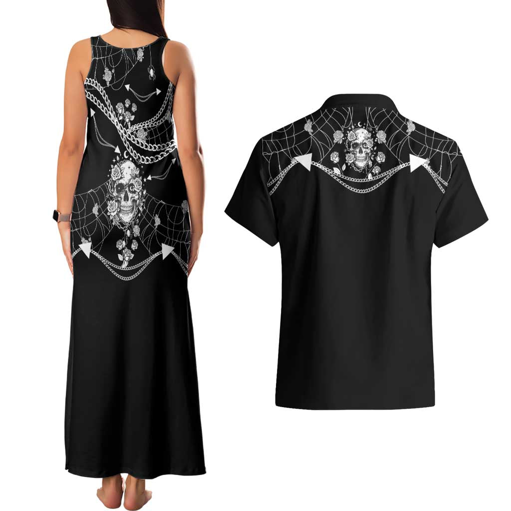 Western Gothic Yoke Couples Matching Tank Maxi Dress and Hawaiian Shirt Skull Rose With Spider - Wonder Print Shop