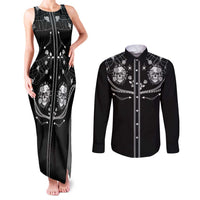 Western Gothic Yoke Couples Matching Tank Maxi Dress and Long Sleeve Button Shirt Skull Rose With Spider - Wonder Print Shop