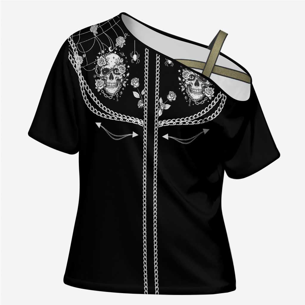 Western Gothic Yoke Cross Shoulder Shirt Skull Rose With Spider - Wonder Print Shop