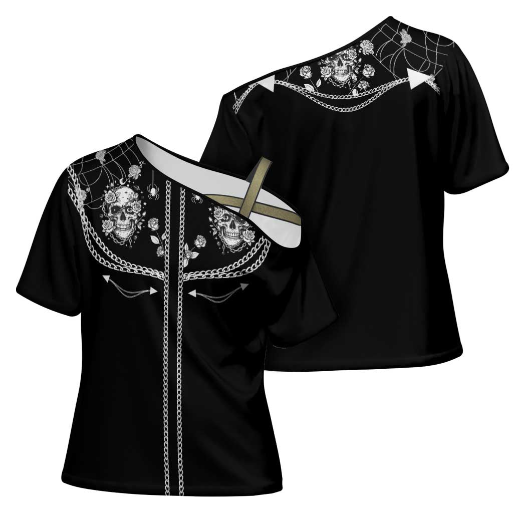 Western Gothic Yoke Cross Shoulder Shirt Skull Rose With Spider - Wonder Print Shop