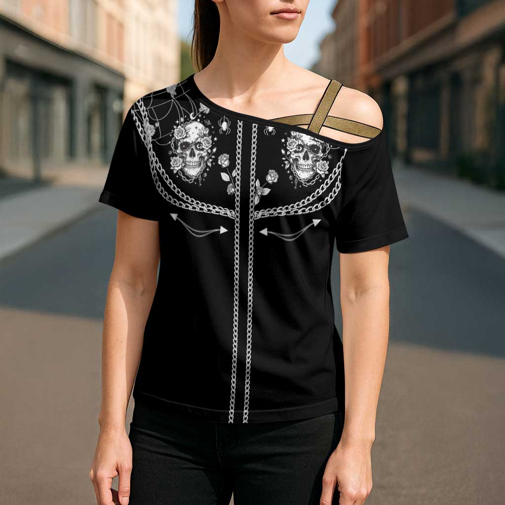 Western Gothic Yoke Cross Shoulder Shirt Skull Rose With Spider - Wonder Print Shop