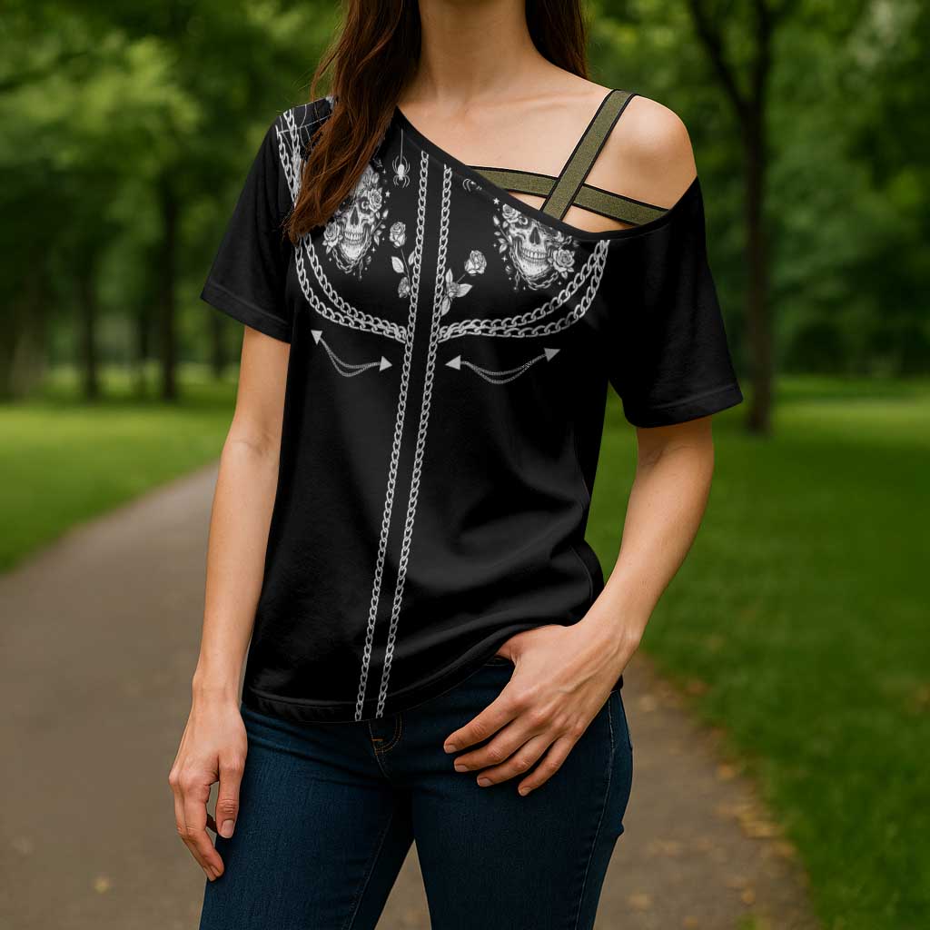 Western Gothic Yoke Cross Shoulder Shirt Skull Rose With Spider - Wonder Print Shop