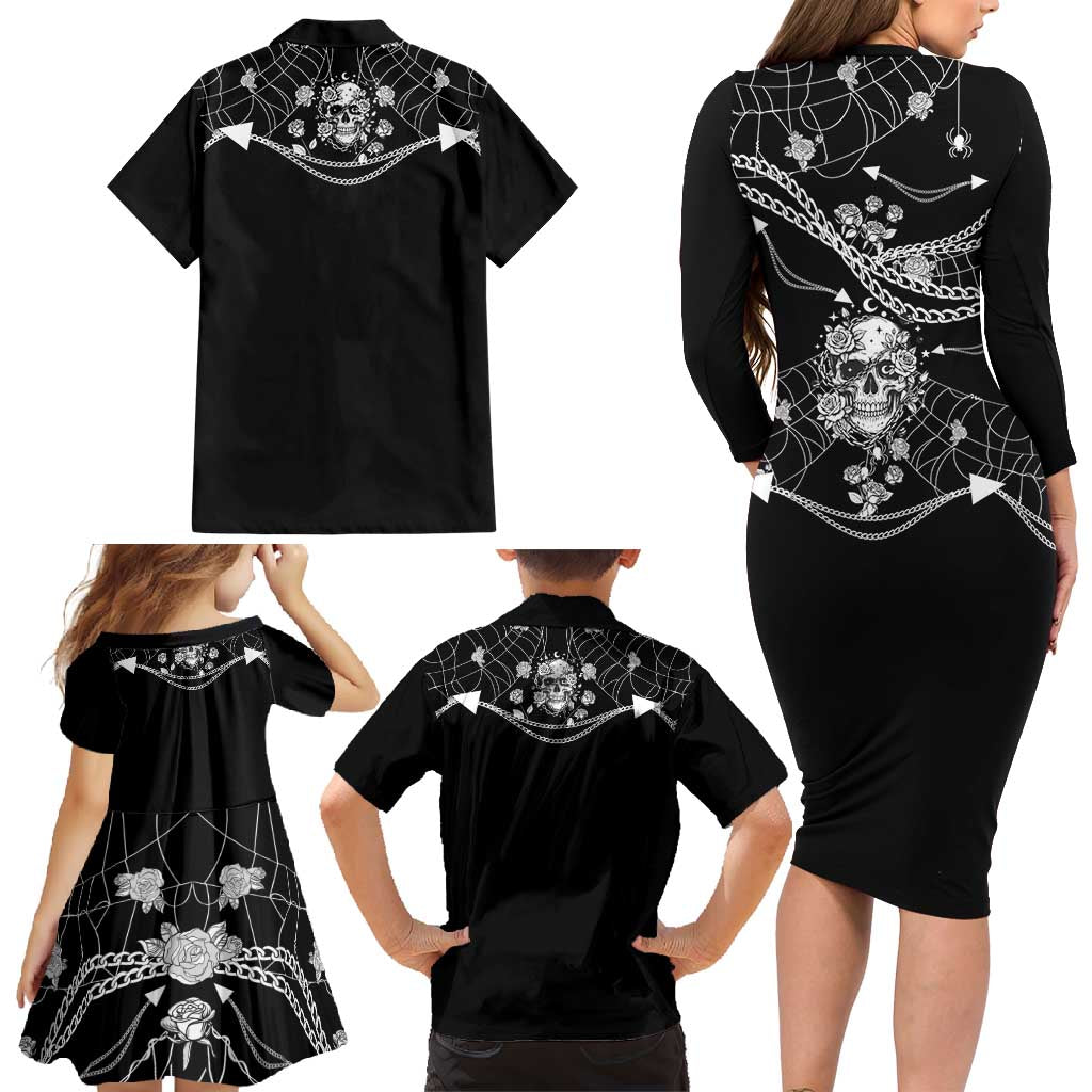 Western Gothic Yoke Family Matching Long Sleeve Bodycon Dress and Hawaiian Shirt Skull Rose With Spider - Wonder Print Shop