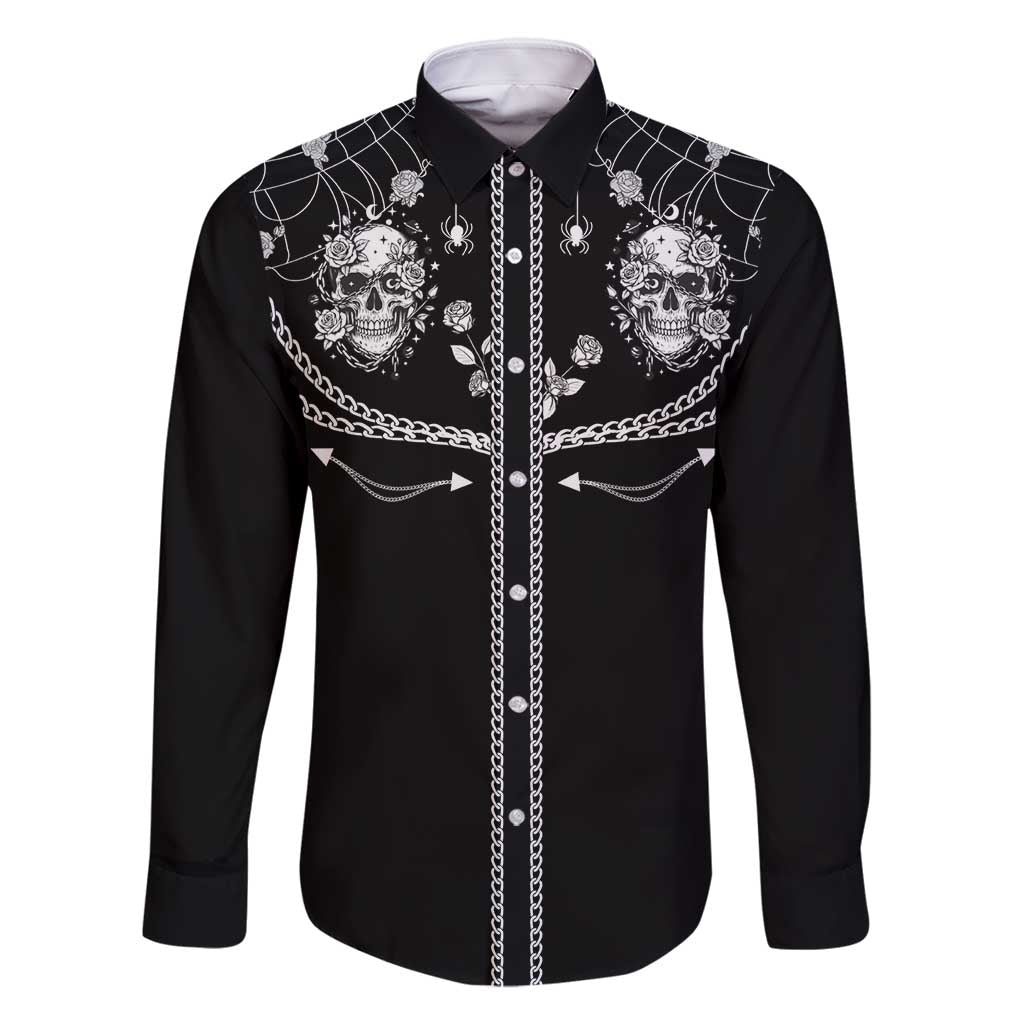 Western Gothic Yoke Family Matching Long Sleeve Bodycon Dress and Hawaiian Shirt Skull Rose With Spider - Wonder Print Shop