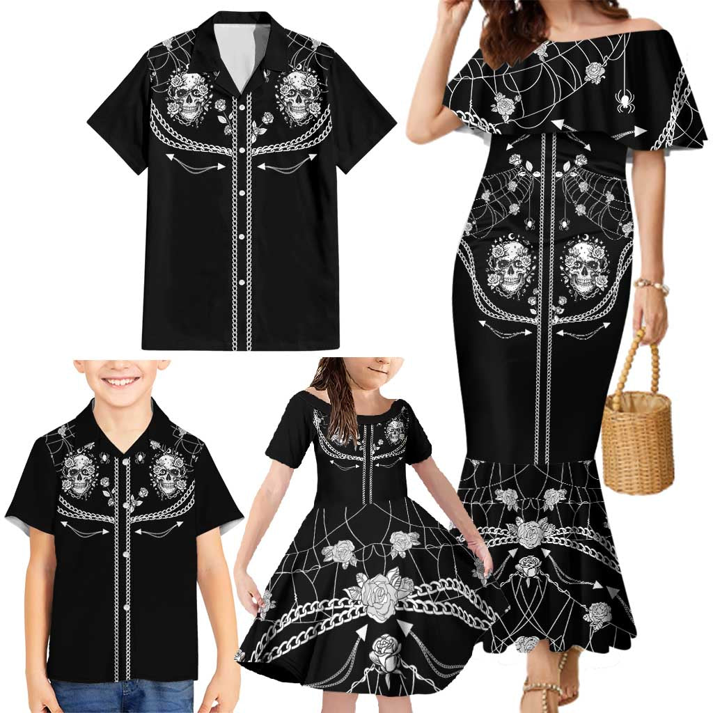 Western Gothic Yoke Family Matching Mermaid Dress and Hawaiian Shirt Skull Rose With Spider - Wonder Print Shop