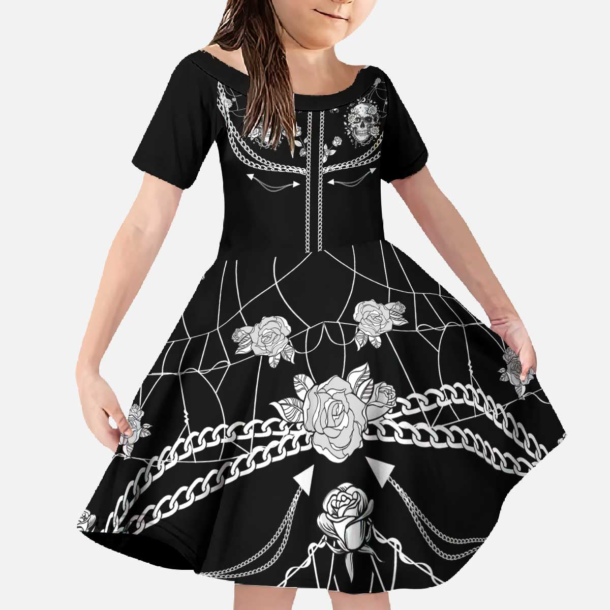 Western Gothic Yoke Family Matching Off The Shoulder Long Sleeve Dress and Hawaiian Shirt Skull Rose With Spider - Wonder Print Shop