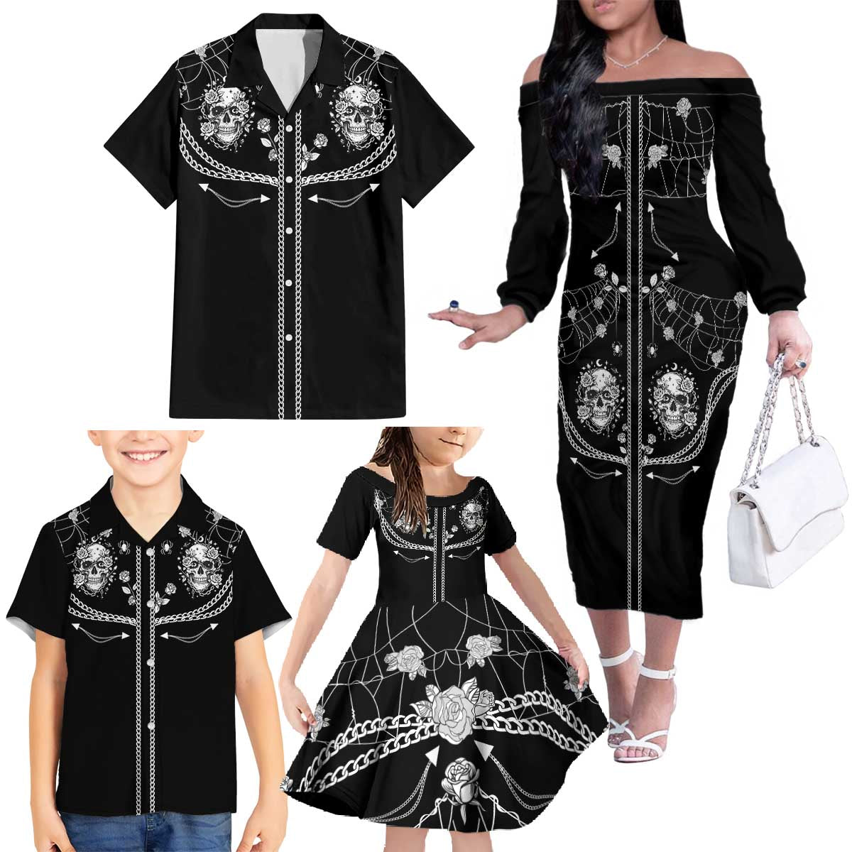 Western Gothic Yoke Family Matching Off The Shoulder Long Sleeve Dress and Hawaiian Shirt Skull Rose With Spider - Wonder Print Shop
