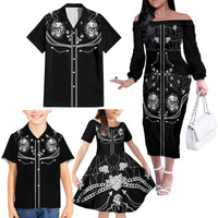 Western Gothic Yoke Family Matching Off The Shoulder Long Sleeve Dress and Hawaiian Shirt Skull Rose With Spider - Wonder Print Shop