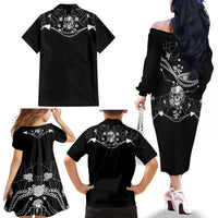 Western Gothic Yoke Family Matching Off The Shoulder Long Sleeve Dress and Hawaiian Shirt Skull Rose With Spider - Wonder Print Shop