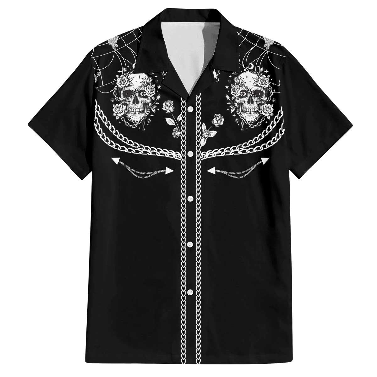 Western Gothic Yoke Family Matching Off The Shoulder Long Sleeve Dress and Hawaiian Shirt Skull Rose With Spider - Wonder Print Shop