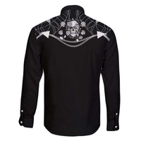 Western Gothic Yoke Family Matching Off The Shoulder Long Sleeve Dress and Hawaiian Shirt Skull Rose With Spider - Wonder Print Shop