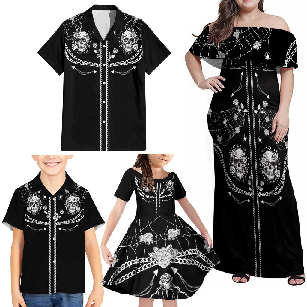 Western Gothic Yoke Family Matching Off Shoulder Maxi Dress and Hawaiian Shirt Skull Rose With Spider - Wonder Print Shop