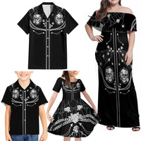 Western Gothic Yoke Family Matching Off Shoulder Maxi Dress and Hawaiian Shirt Skull Rose With Spider - Wonder Print Shop